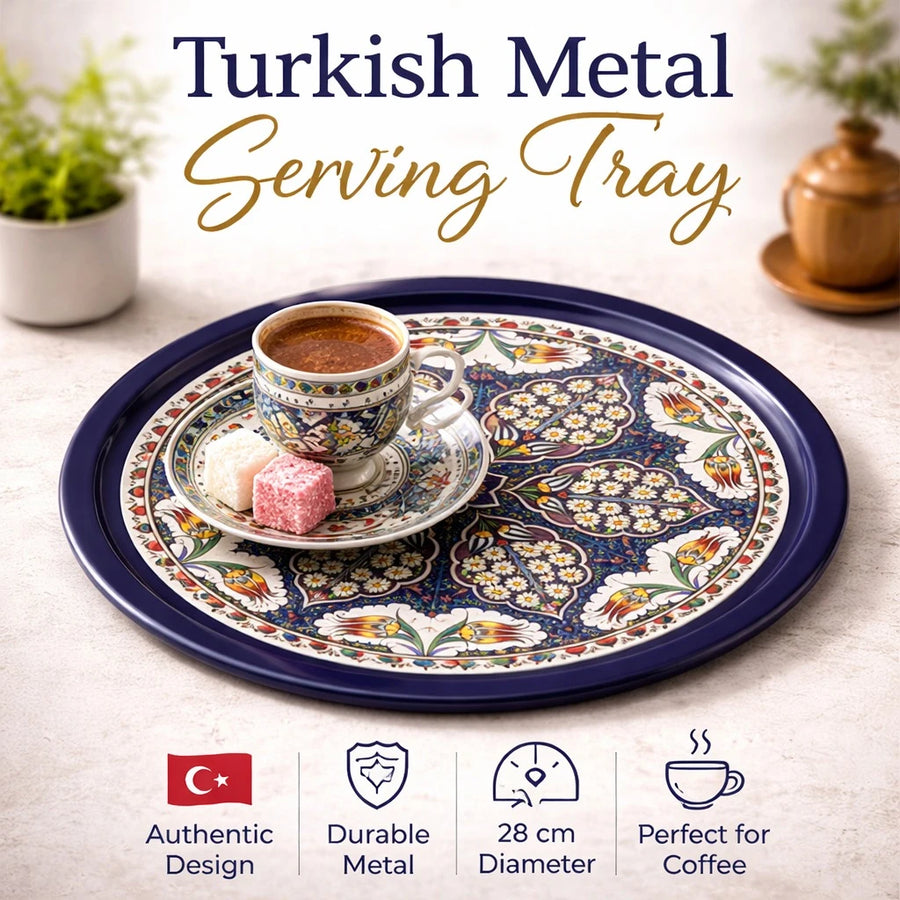 Turkish Metal Tray Small Round Serving Tray Mandala Coffee Tea Ottoman Floral Decorative Tray 28 cm