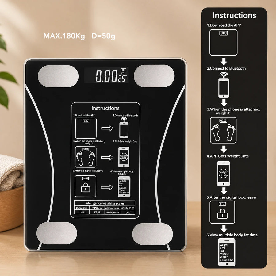 Balance Weight Measure Bluetooth Body Fat Smart Scale Digital Bathroom Scale LCD Display Tempered Glass Rechargeable Health Analyzer Black