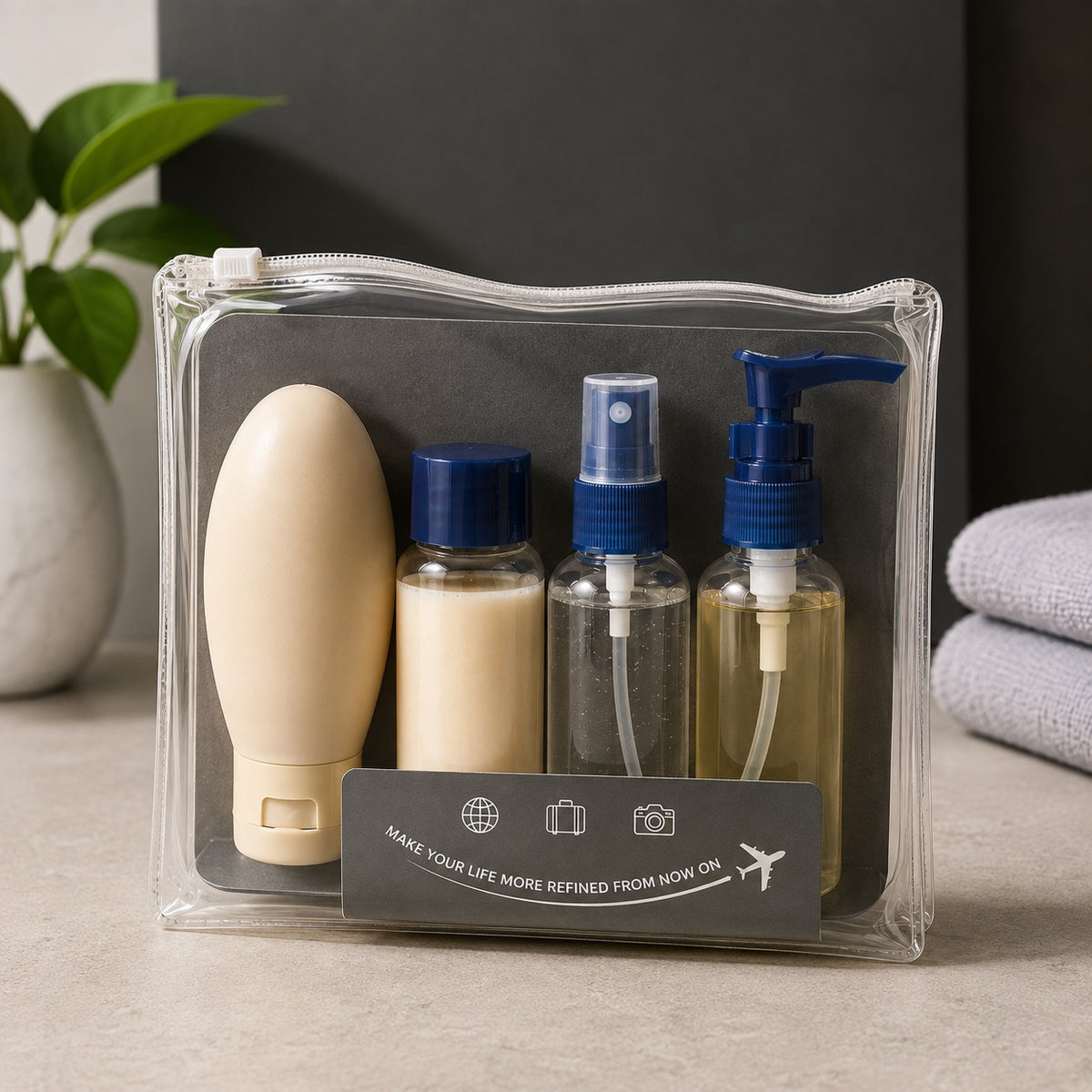 4 Piece Refillable Travel Toiletry Bottle Set with Clear Pouch – navy