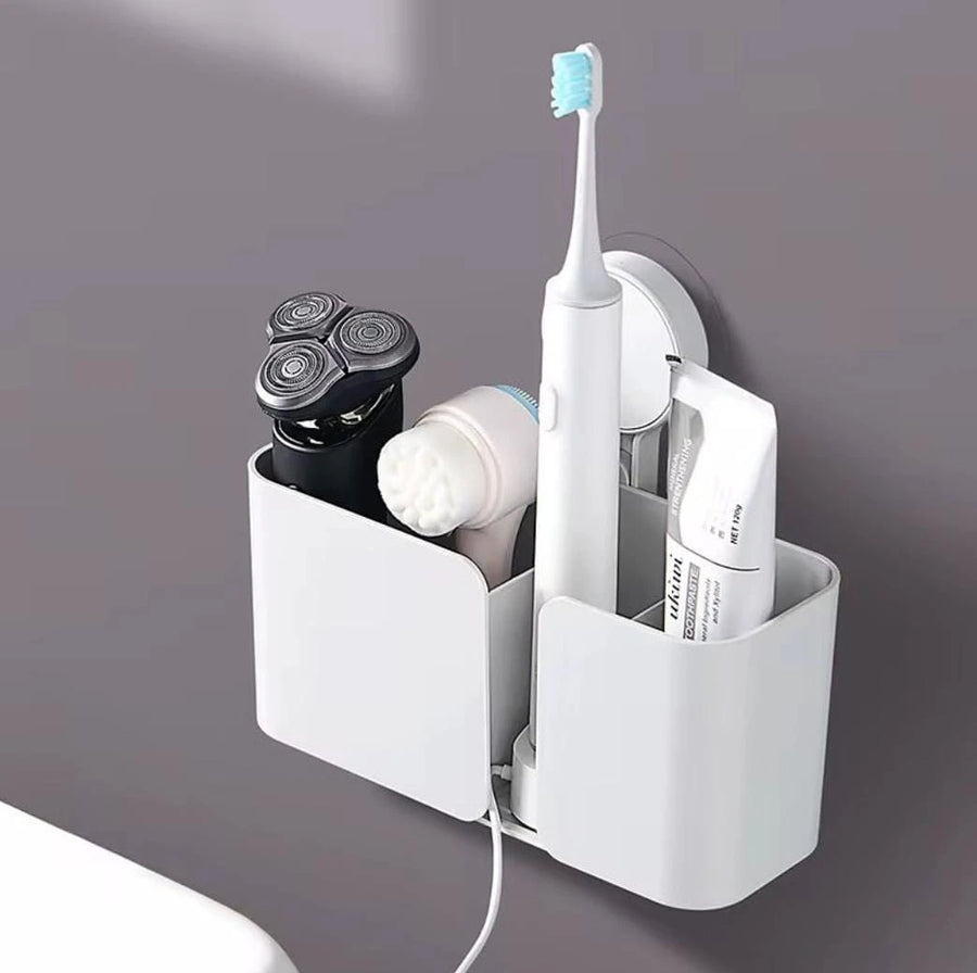 Self Adhesive 3 Compartment Wall Mounted Bathroom Organizer with Hooks and Drainage Holes
