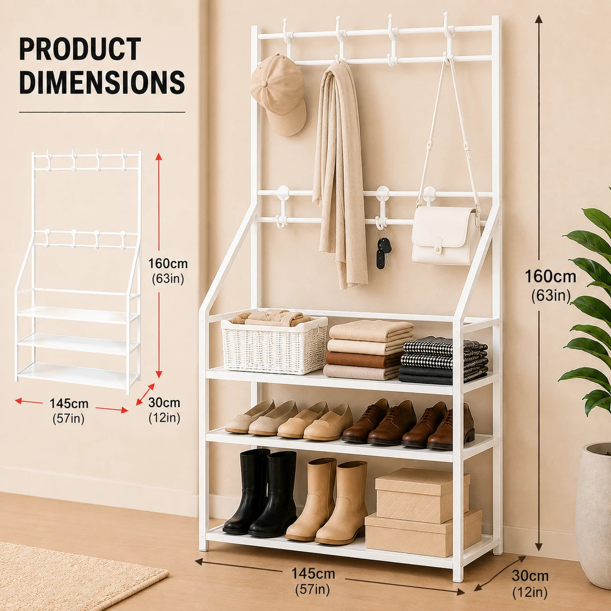 Shoes Organizer 3 Shelves Clothes Hanger Storage Rack Entryway Hall Tree Shoe Shelf Metal Clothes Rack