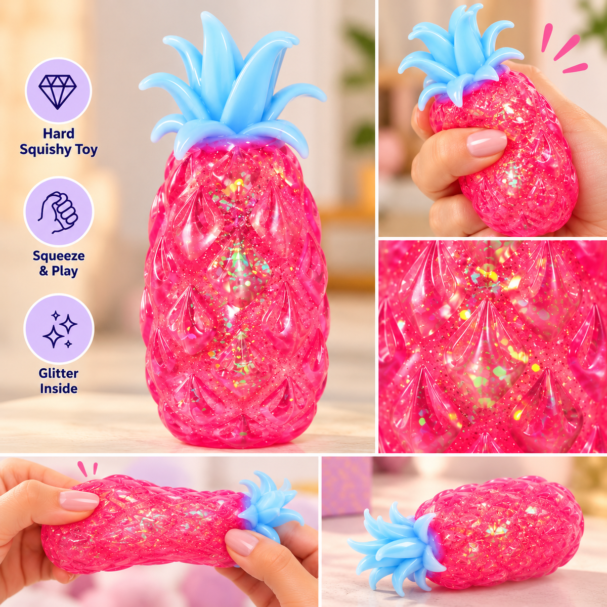 Pink Glitter Pineapple Hard Squishy Toy
