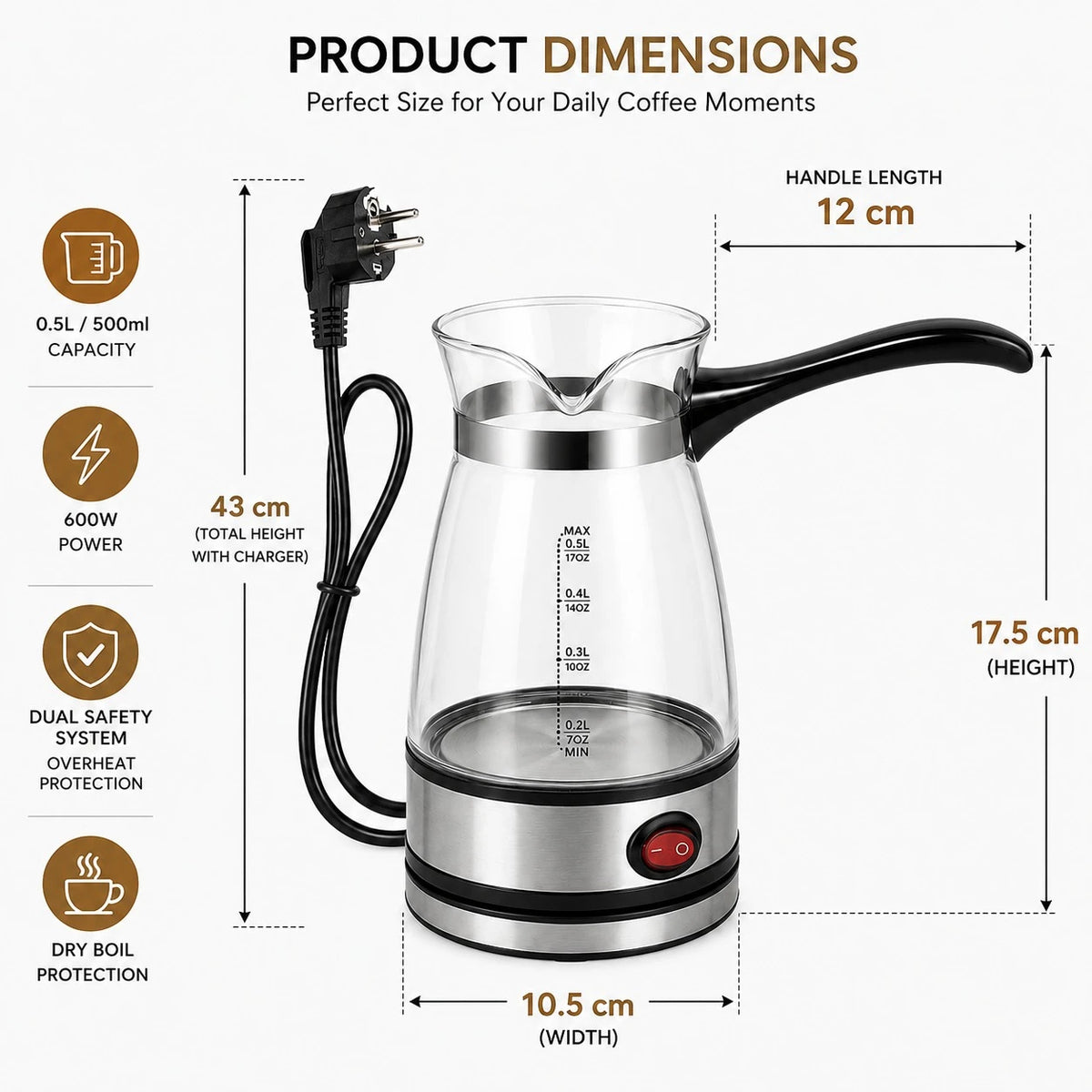 Electric Turkish Coffee Maker Glass Coffee Pot 500ml Stainless Steel Coffee Brewer Coffee Warmer