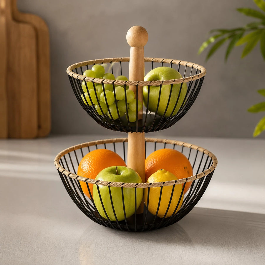 2 Tier Metal Wire Fruit Basket with Wooden Handle Kitchen Countertop Storage Organizer