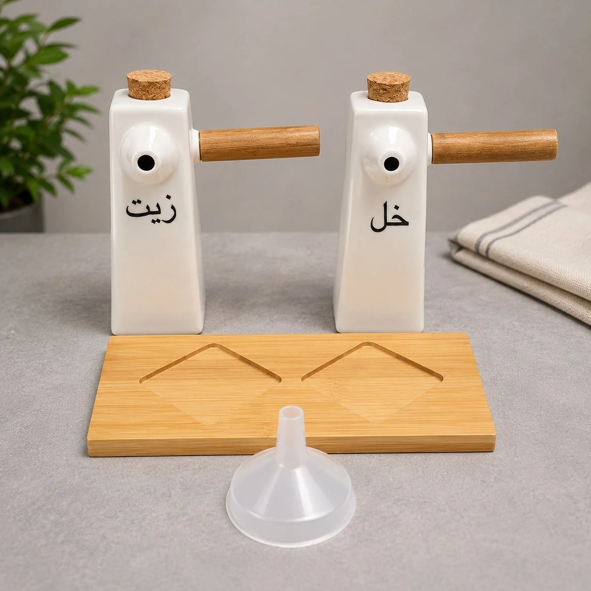Oil And Vinegar Dispenser Set Porcelain Bottles With Wooden Handles And Bamboo Tray