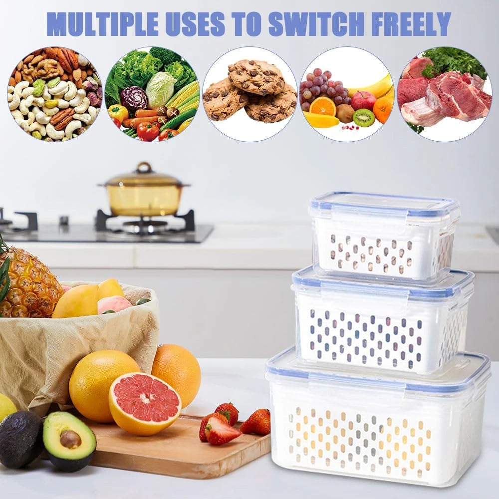 3 Pieces Airtight Fridge Containers Transparent Food Storage Set for Refrigerator Pantry Organization and Meal Prep