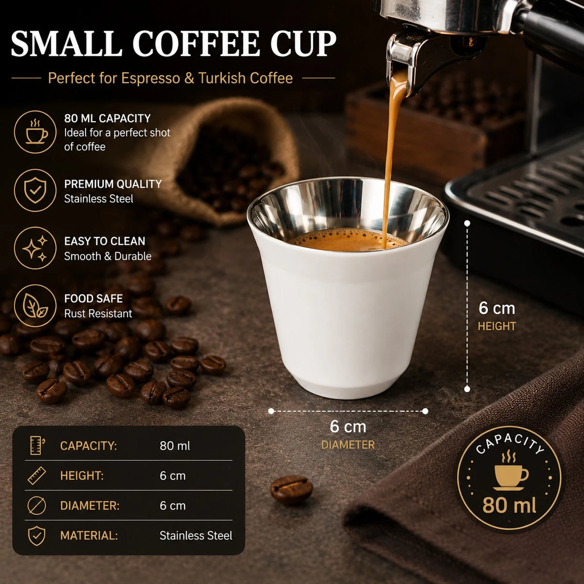 White Stainless Steel Small Coffee Espresso Cup Espresso Cup Turkish Coffee Cup 80 ml 6 cm