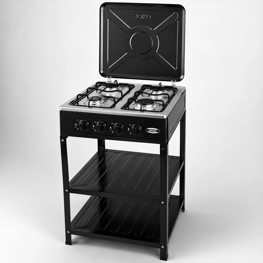 BOKO Gas Stove With Stand 4 Burner Gas Cooker Kitchen Stove Metal Storage Rack Freestanding Cooking Stove