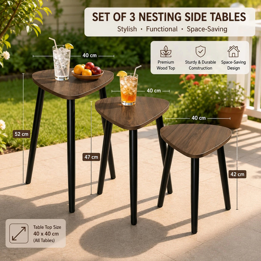 Set of 3 Modern Wooden Side Tables with Aluminum Legs | Nesting Coffee & End Tables