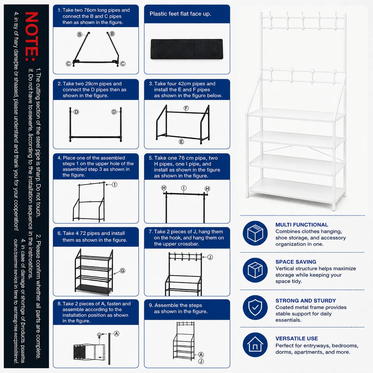 Shoes Organizer 4 Shelves Clothes Hanger Storage Rack Entryway Shoe Shelf Modern Metal Rack With Hooks