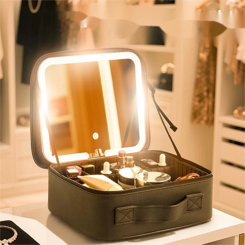 LED Mirror Makeup Organizer Case with Rechargeable Light | Portable Cosmetic Storage Travel Beauty Case