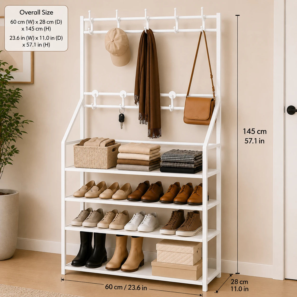 Shoes Organizer 4 Shelves Clothes Hanger Storage Rack Entryway Shoe Shelf Modern Metal Rack With Hooks