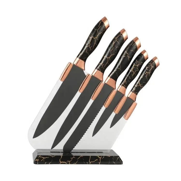 5 Piece Stainless Steel Kitchen Knife Set with Ergonomic Black Handles for Chopping Slicing and Carving