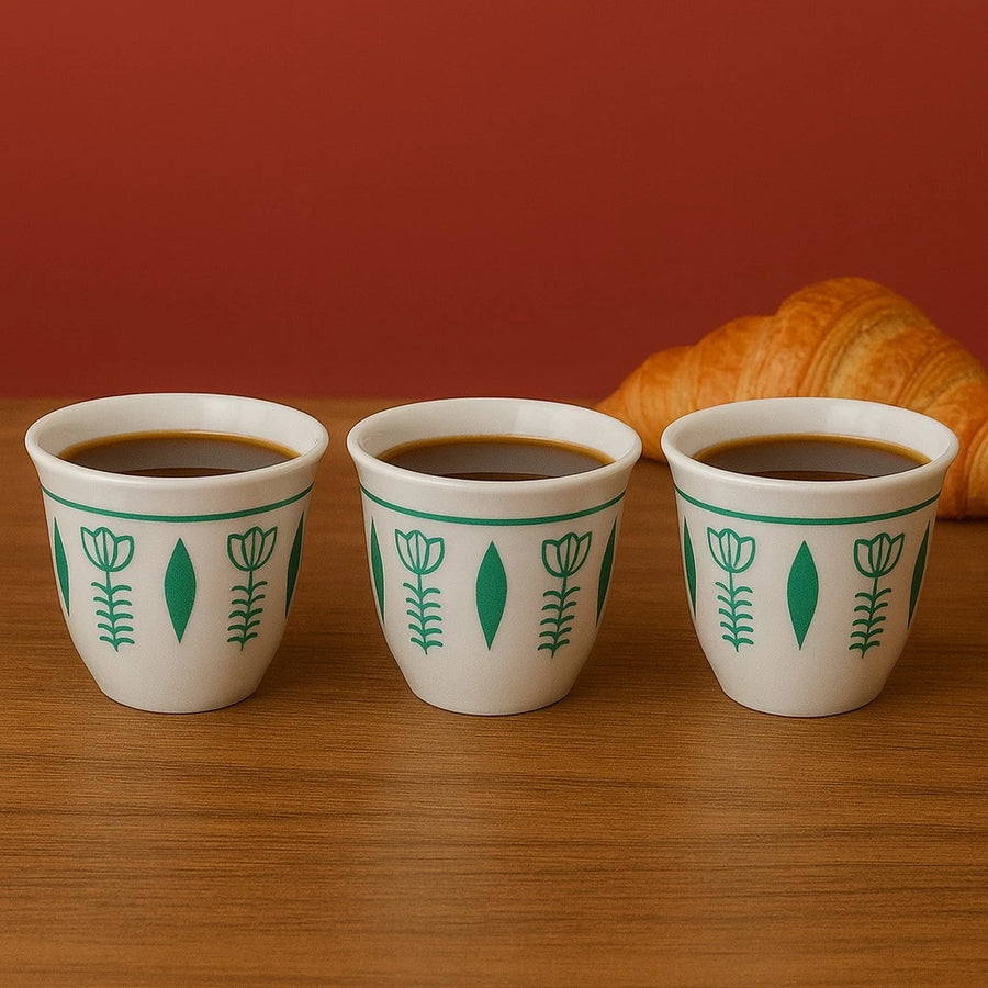 Set of 12 Arabic Coffee Espresso Cups – Green Tulip Design