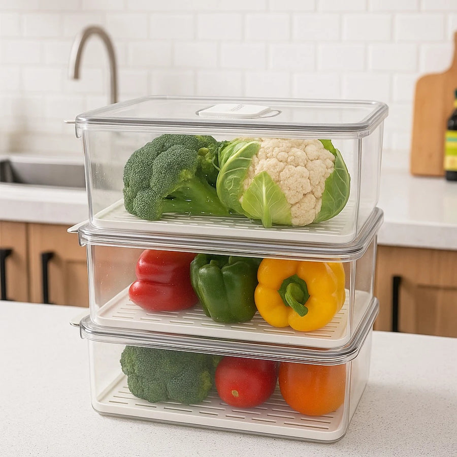 Fridge Storage Container for Vegetables Fruits Meat Seafood with Ventilation Drain Tray Organizer