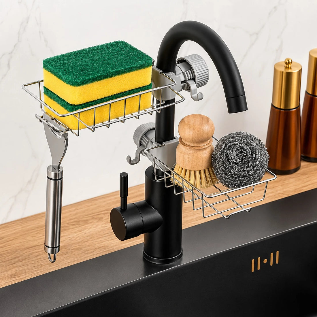 Adjustable Faucet Sponge Holder Kitchen Sink Organizer Rack Stainless Steel Drain Basket Storage