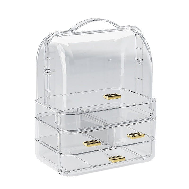 Transparent Makeup Cosmetic Organizer with Dustproof Cover Drawers Carry Handle Vanity Storage Box