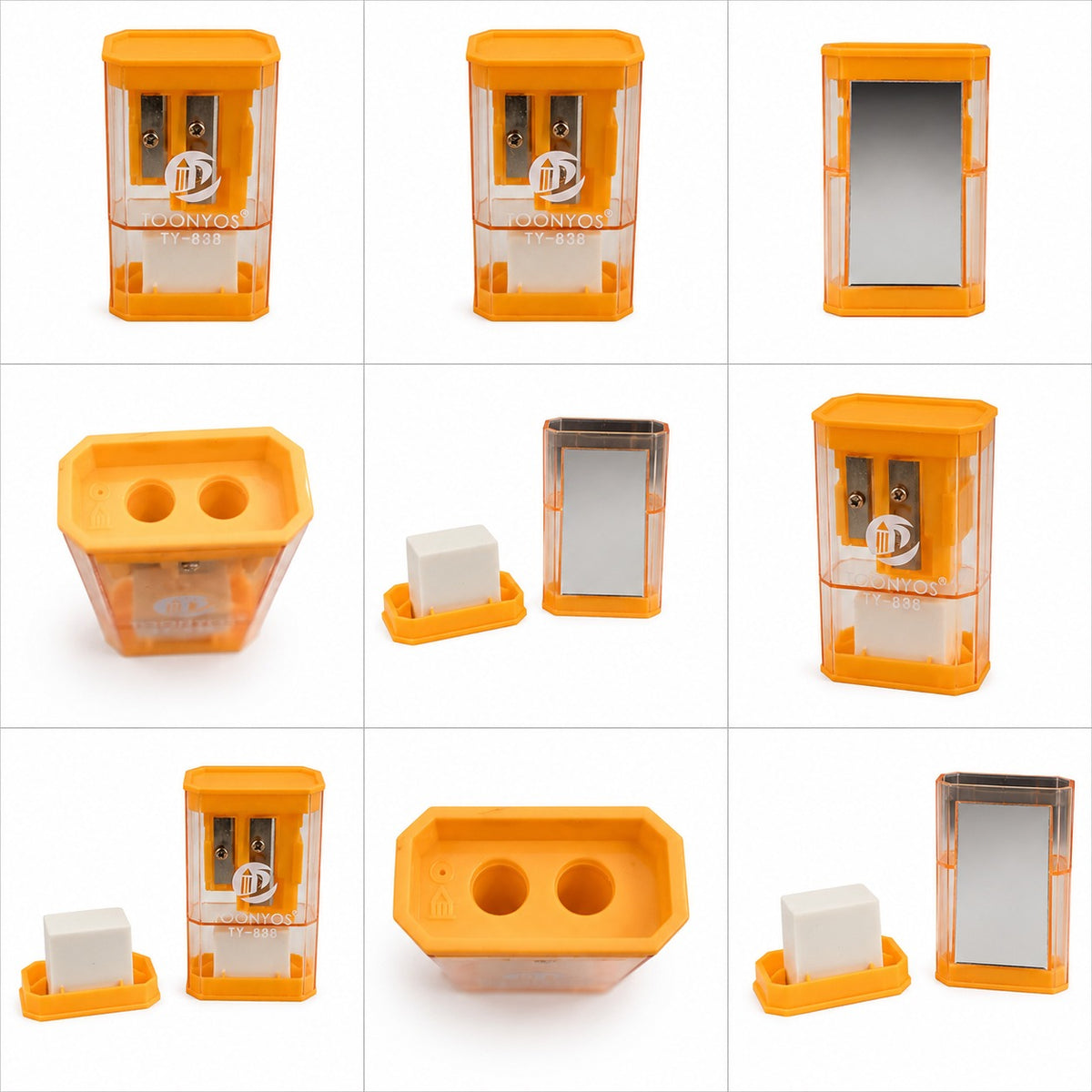Double Hole School Pencil Sharpener with Shavings Container Eraser & Back Mirror