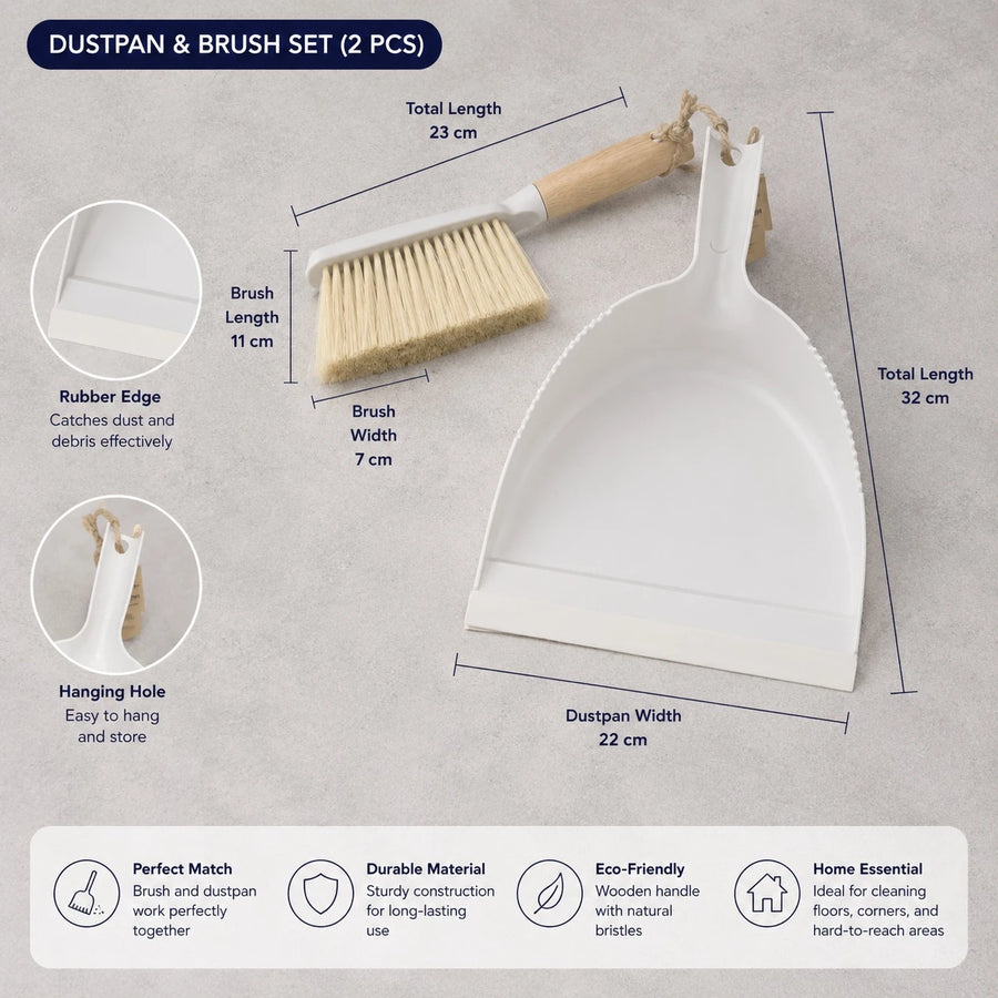 Dustpan and Brush Set 2 PCS Hand Broom Cleaning Set with Wooden Handle Rubber Edge Gray White