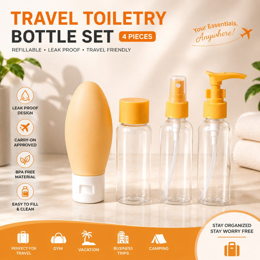 4 Piece Refillable Travel Toiletry Bottle Set with Clear Pouch