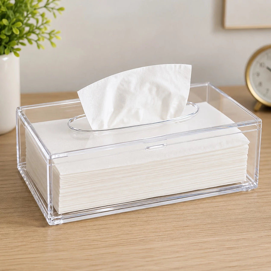 Clear Acrylic Tissue Box Cover Transparent Plexi Tissue Holder Modern Rectangular Tissue Dispenser Desktop Bathroom Office Tissue Organizer