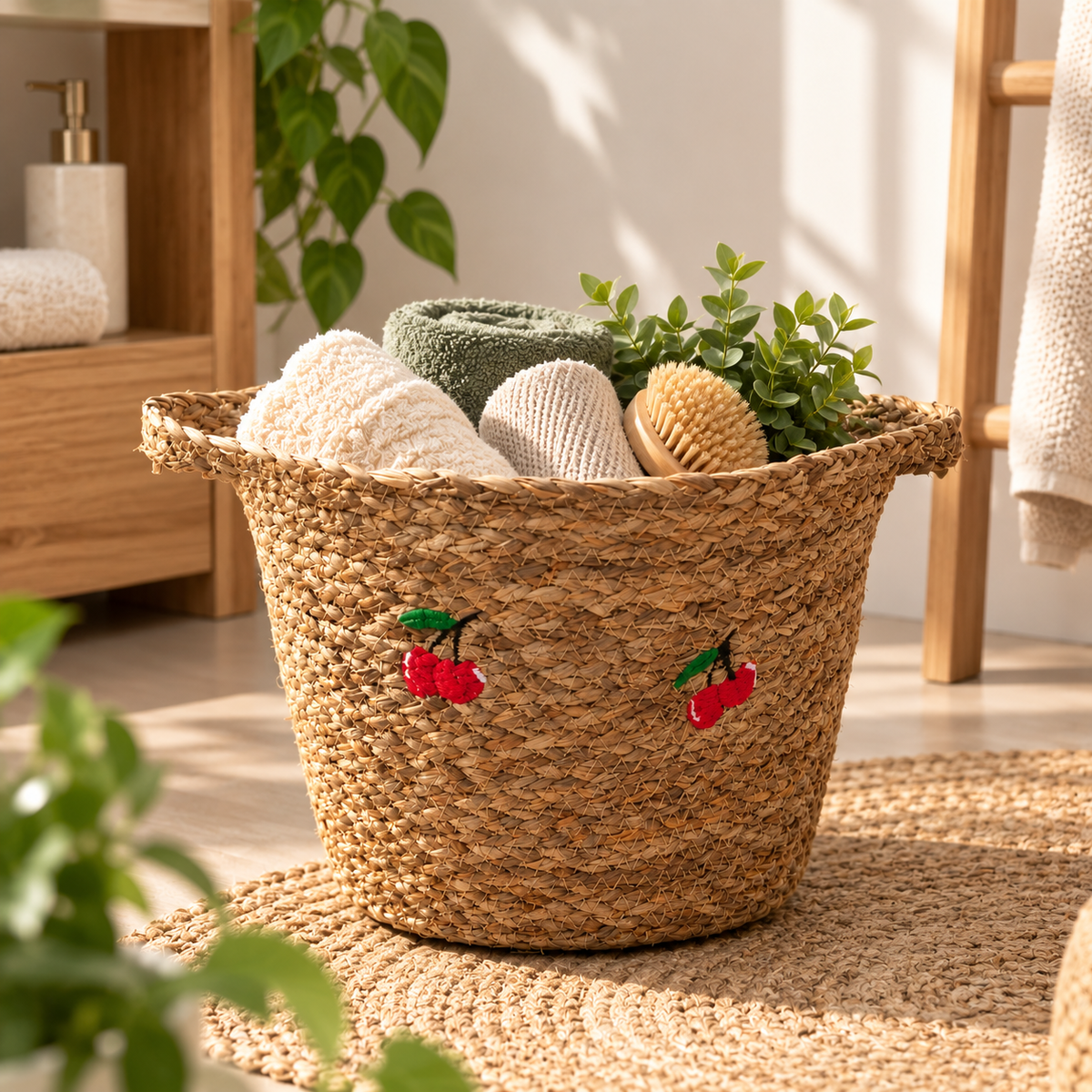 Woven Seagrass Storage Basket with Cherry Design and Side Handles