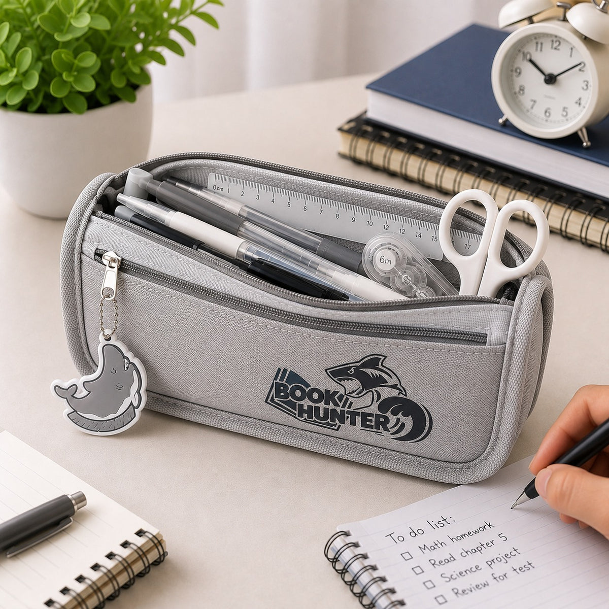 Book Hunter School Pencil Case Large Capacity Stationery Organizer with Zipper Shark Design