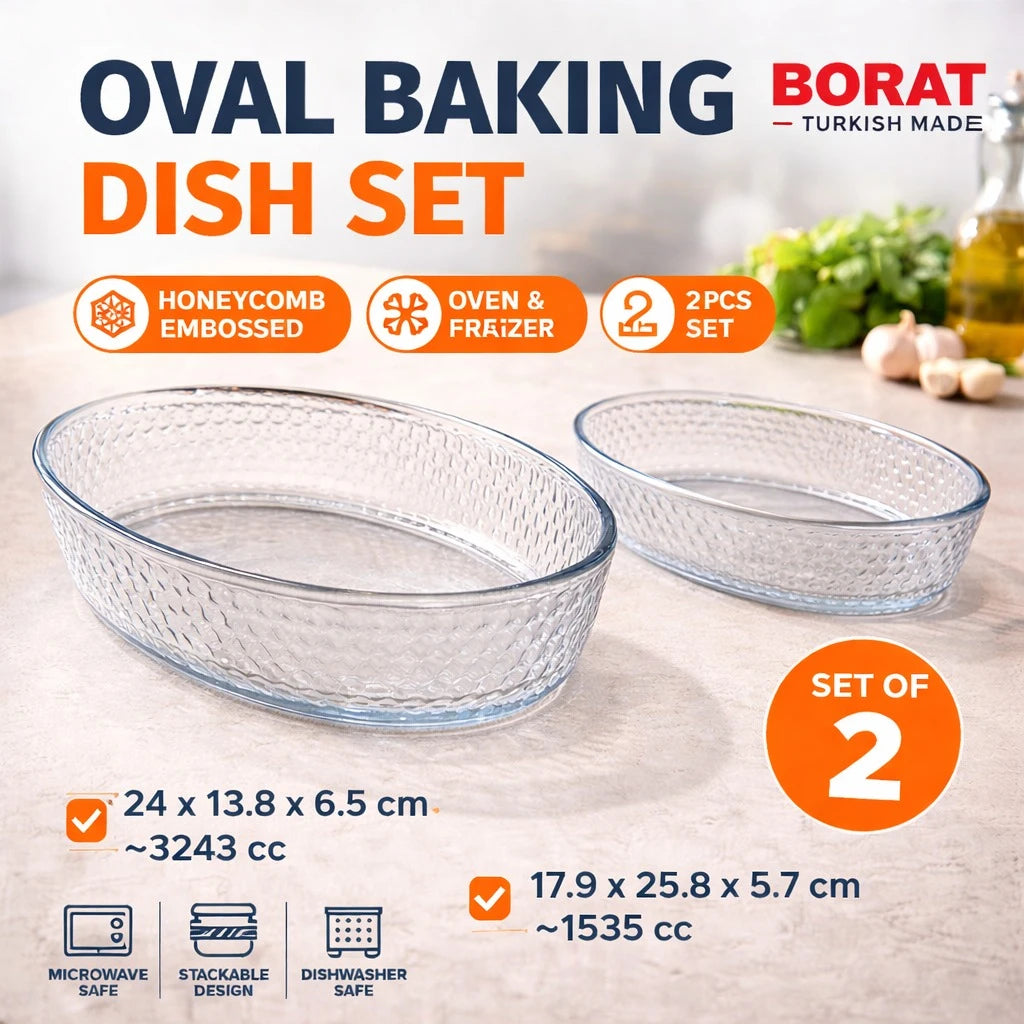 Borart Oval Baking Dish Set Glass Oven Baking Dish 2 PCS Heat Resistant Oven Safe Honeycomb Embossed Turkish Made