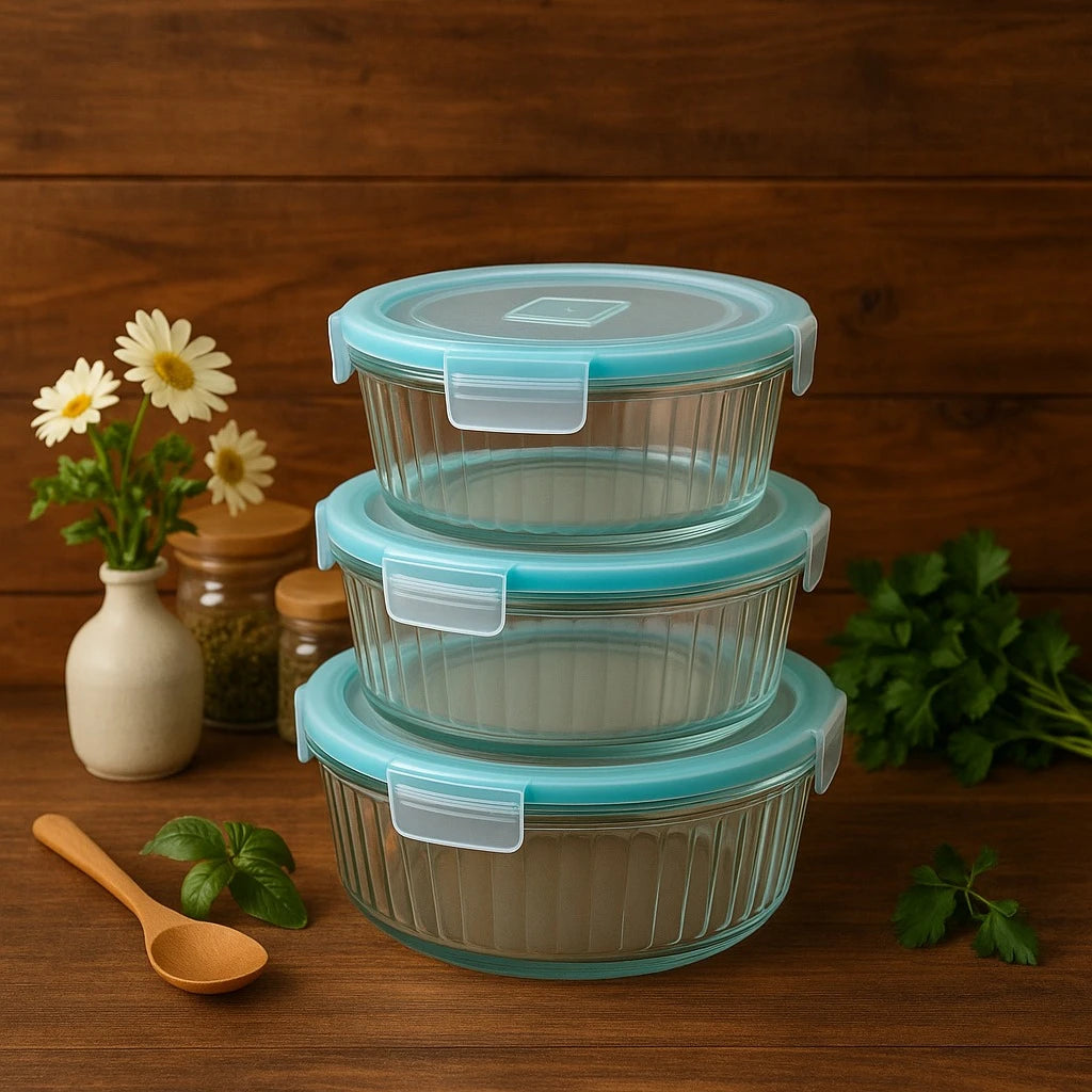 3 Piece Round Glass Food Container Set Food Storage Bowls with Lids for Kitchen Pantry Refrigerator and Meal Prep