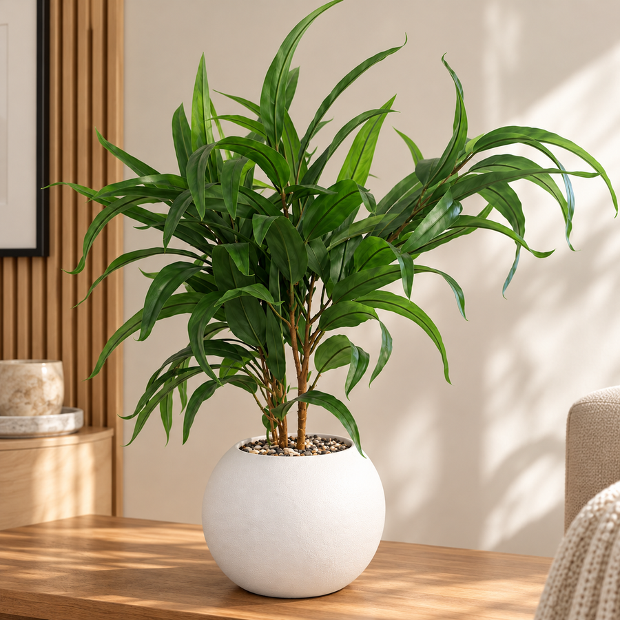 Modern Artificial Green Plant in White Round Pot