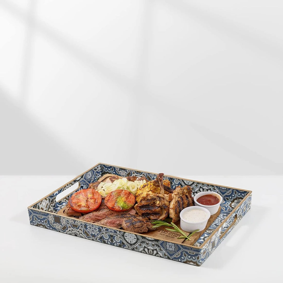 Arabesque Moroccan Tile Serving Tray Set 2 Pieces Rectangular Teal Gold Coffee Dining
