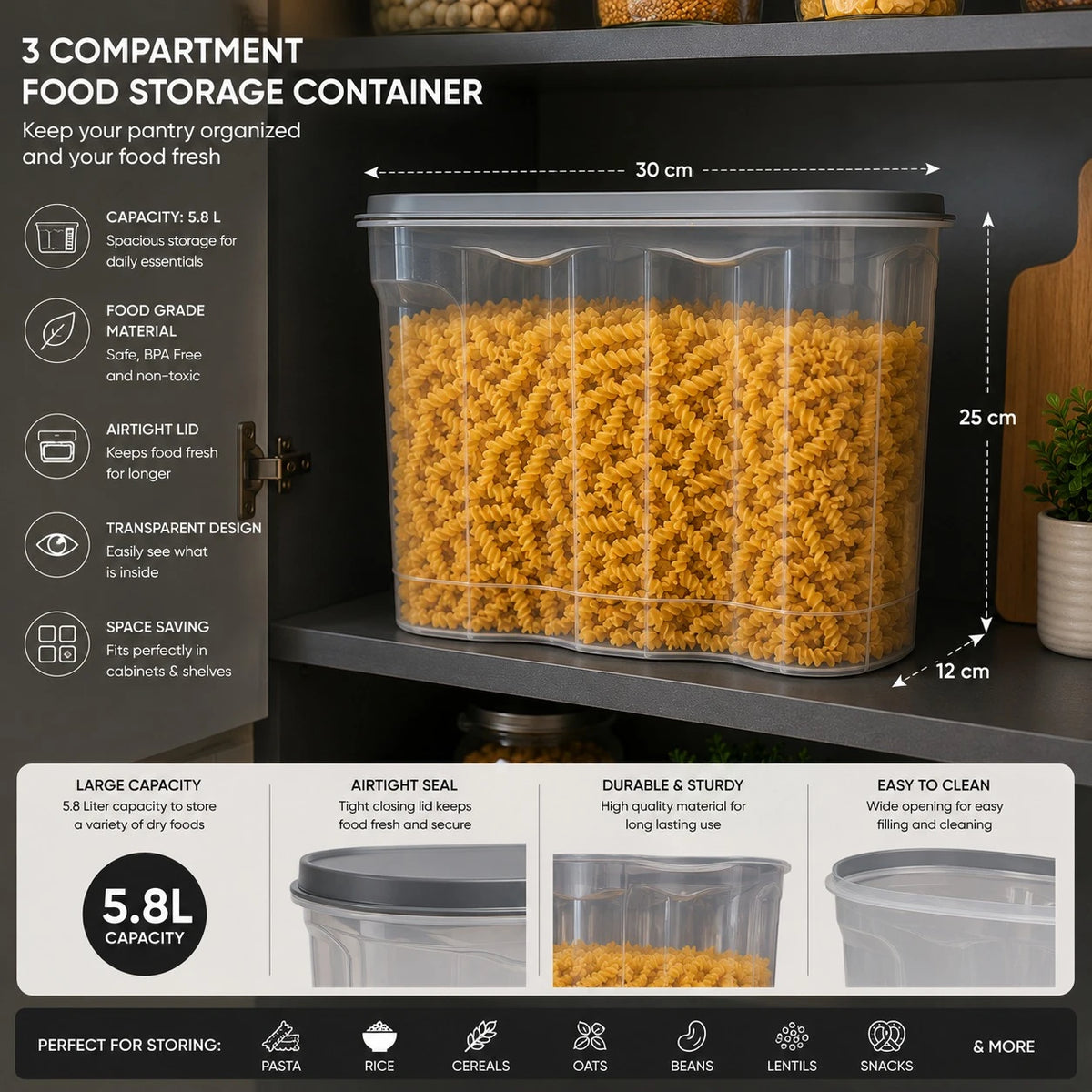 5.8L Airtight Food Storage Container Kitchen Pantry Organizer Plastic Storage Box with Lid for Rice Pasta Flour Cereal
