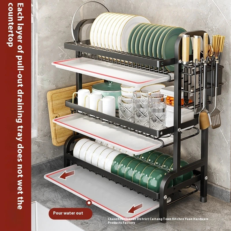 3-Tier Black Dish Drying Rack, Trumpet Model