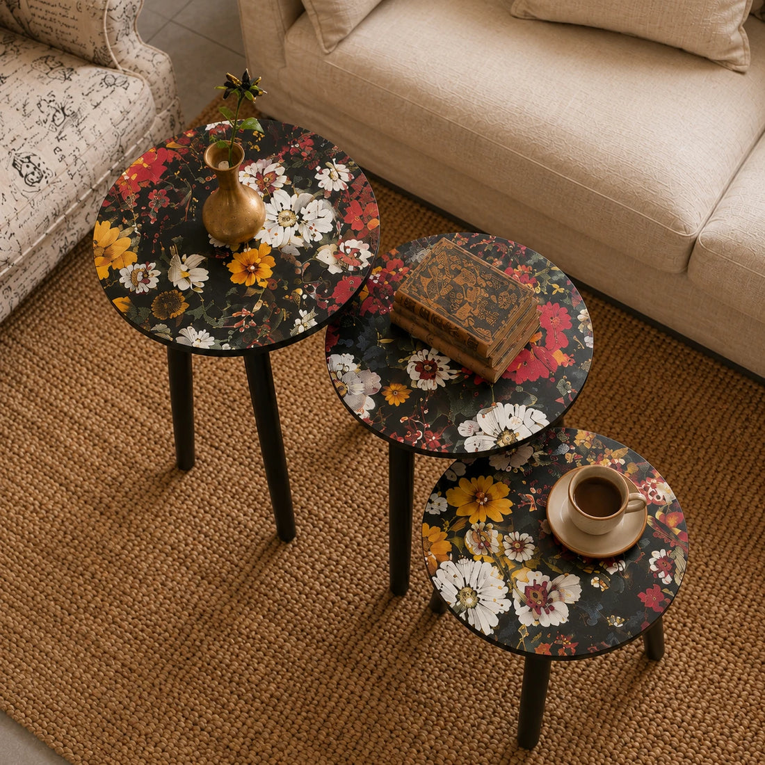 Floral Nesting Side Tables Set of 3 | Round Coffee Tables for Living Room Bedroom & Office