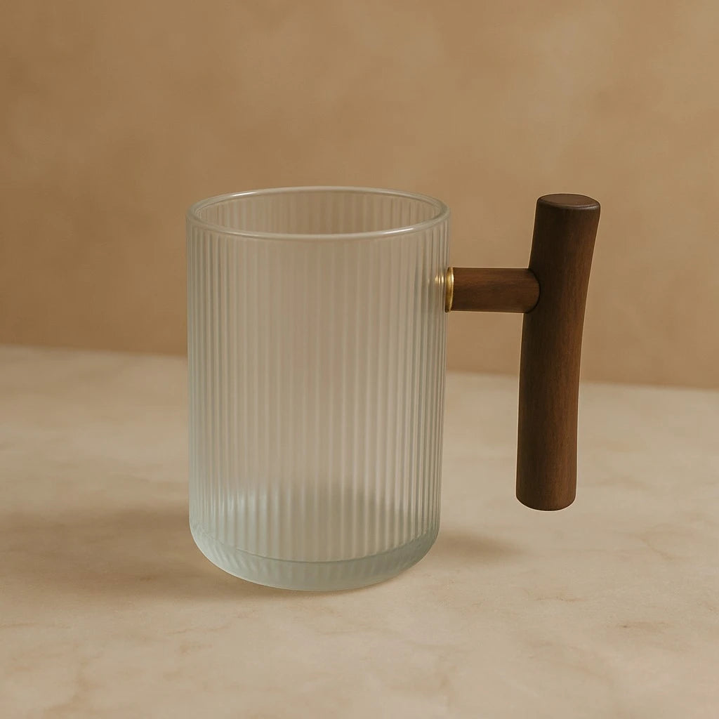 Ribbed Glass Cup with Wooden Handle