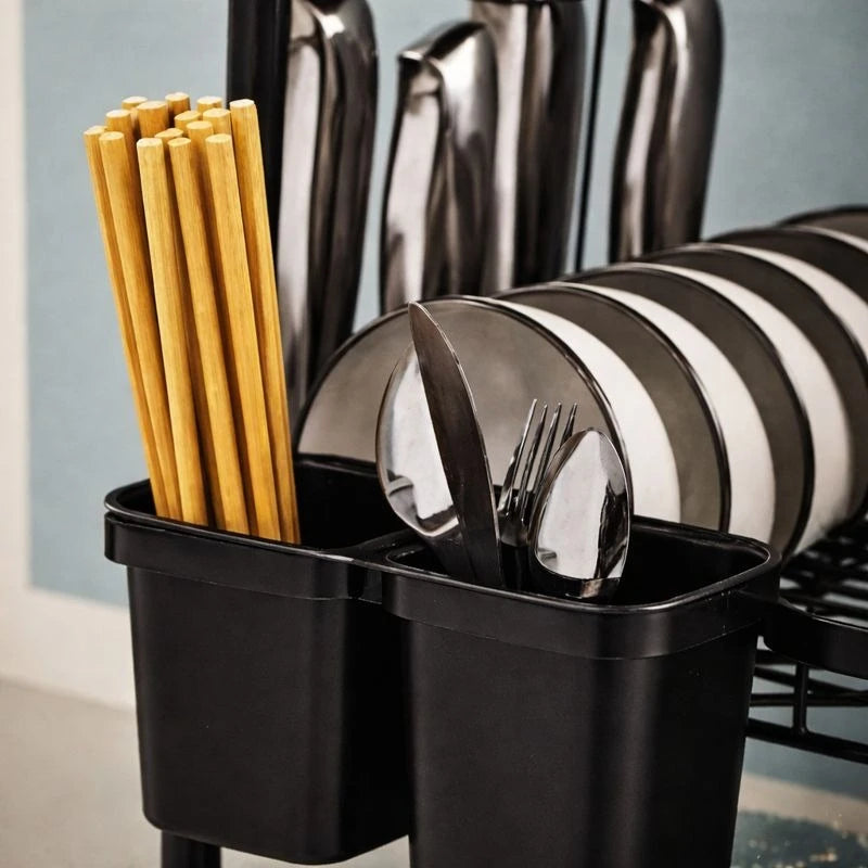 3-Tier Metal Dish Drying Rack with Drain Tray, Utensil Holder & Cup Storage – Black