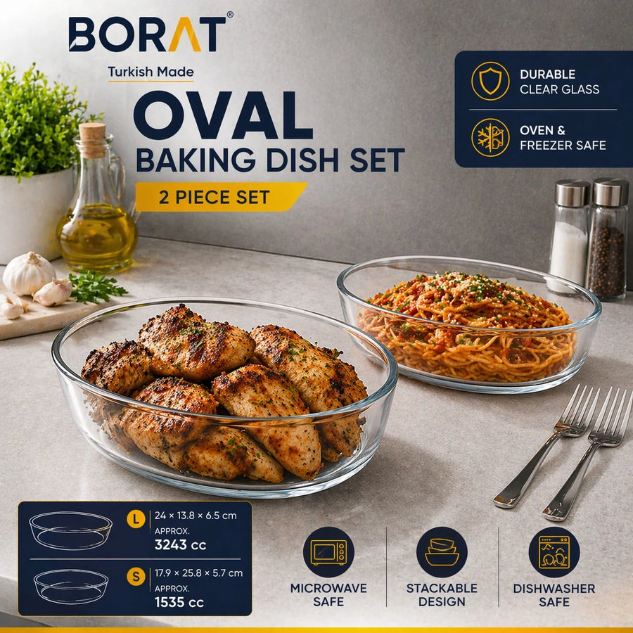 Borart Oval Baking Dish Set Clear Glass Borosilicate Oven Safe Microwave Safe Dishwasher Safe Baking Tray Serving Dish Kitchen Cookware 2 Pieces