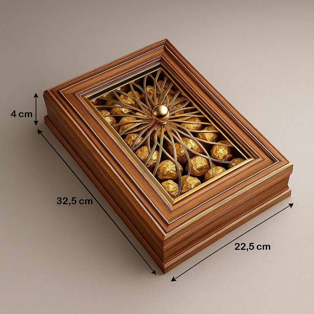 Luxury Wooden Chocolate Box – Gold Lattice Lid