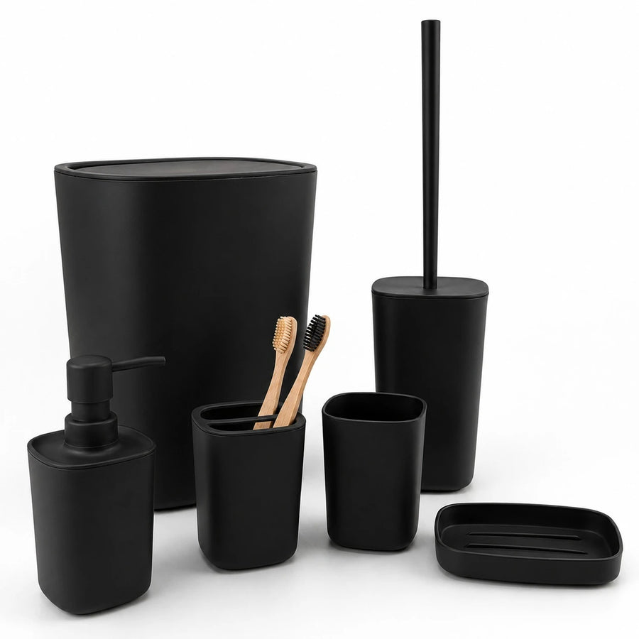 6 Piece Plastic Bathroom Accessories Set with Trash Bin Soap Dispenser Toothbrush Holder Tumbler Soap Dish and Toilet Brush | Black