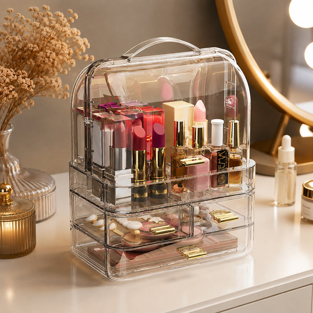 Transparent Makeup Cosmetic Organizer with Dustproof Cover Drawers Carry Handle Vanity Storage Box