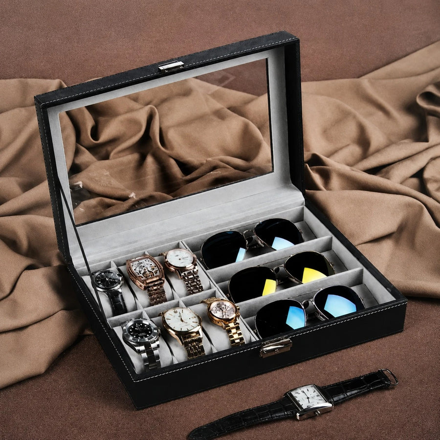 Watch Sunglasses Storage Travel Box PU Leather Glass Top Organizer Case 6 Watch Slots 3 Sunglasses Compartments