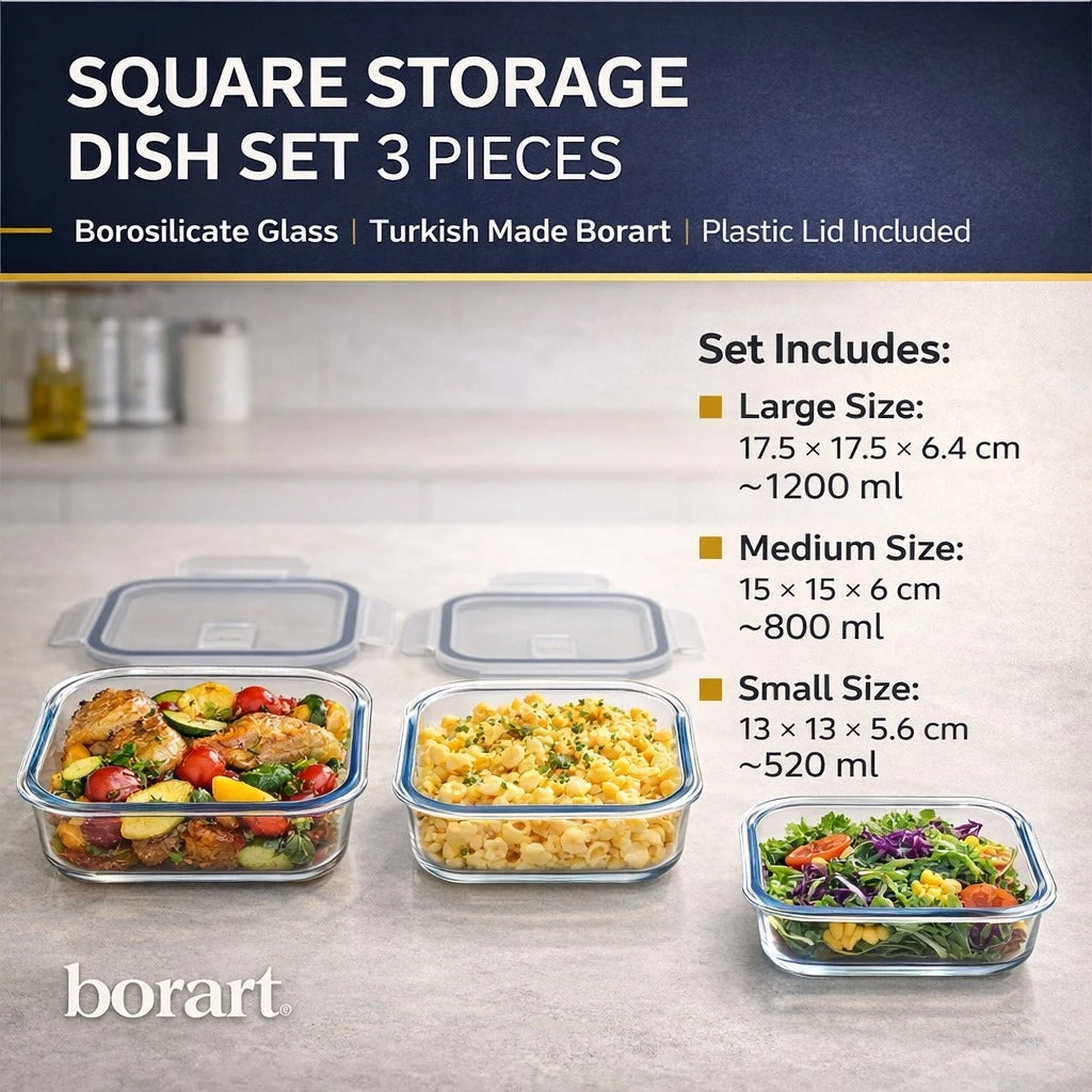 Borart 3 PCS Square Glass Storage Dish Set Borosilicate Turkish Made Plastic Lid Food Container Set