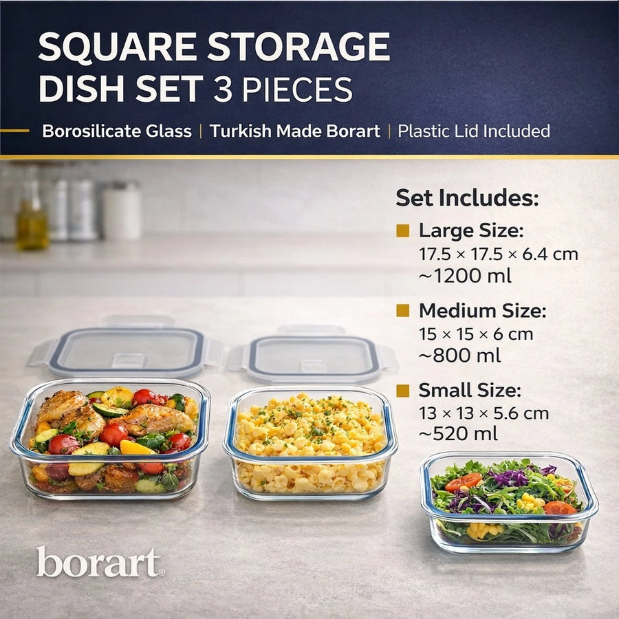 Borart 3 PCS Square Glass Storage Dish Set Borosilicate Turkish Made Plastic Lid Food Container Set