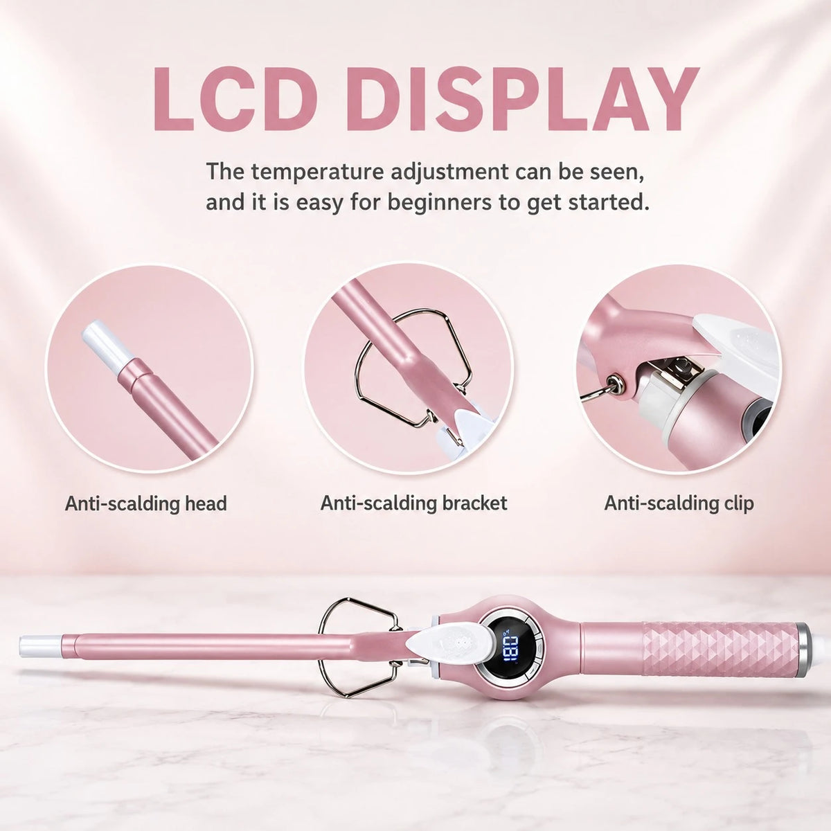 MoeHair 9mm Slim Ceramic Hair Curler Wand LCD Display Tourmaline Ceramic Curling Iron Hair Styling Wand 45W–65W