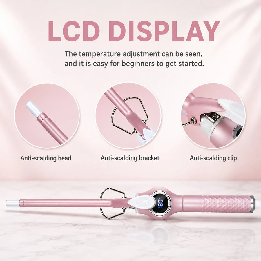 MoeHair 9mm Slim Ceramic Hair Curler Wand LCD Display Tourmaline Ceramic Curling Iron Hair Styling Wand 45W–65W