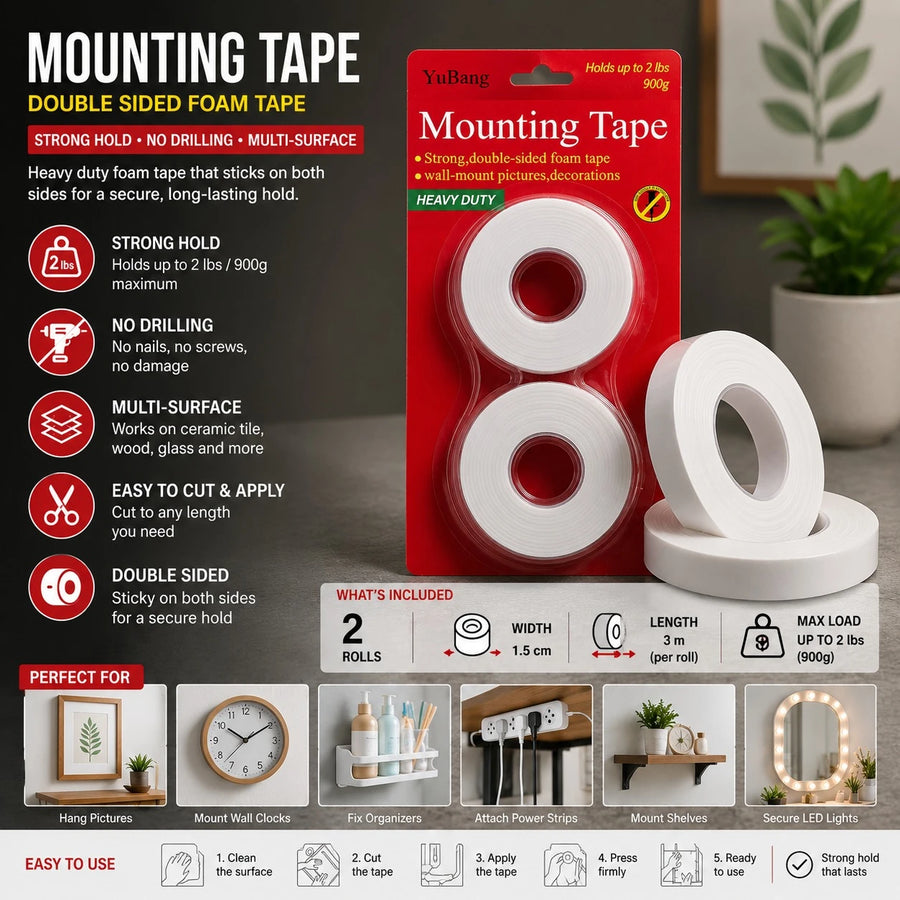 Heavy Duty Double Roll Mounting Tape Double Sided Foam Tape Wall Adhesive Tape Picture Hanging Tape 2 Rolls 3m