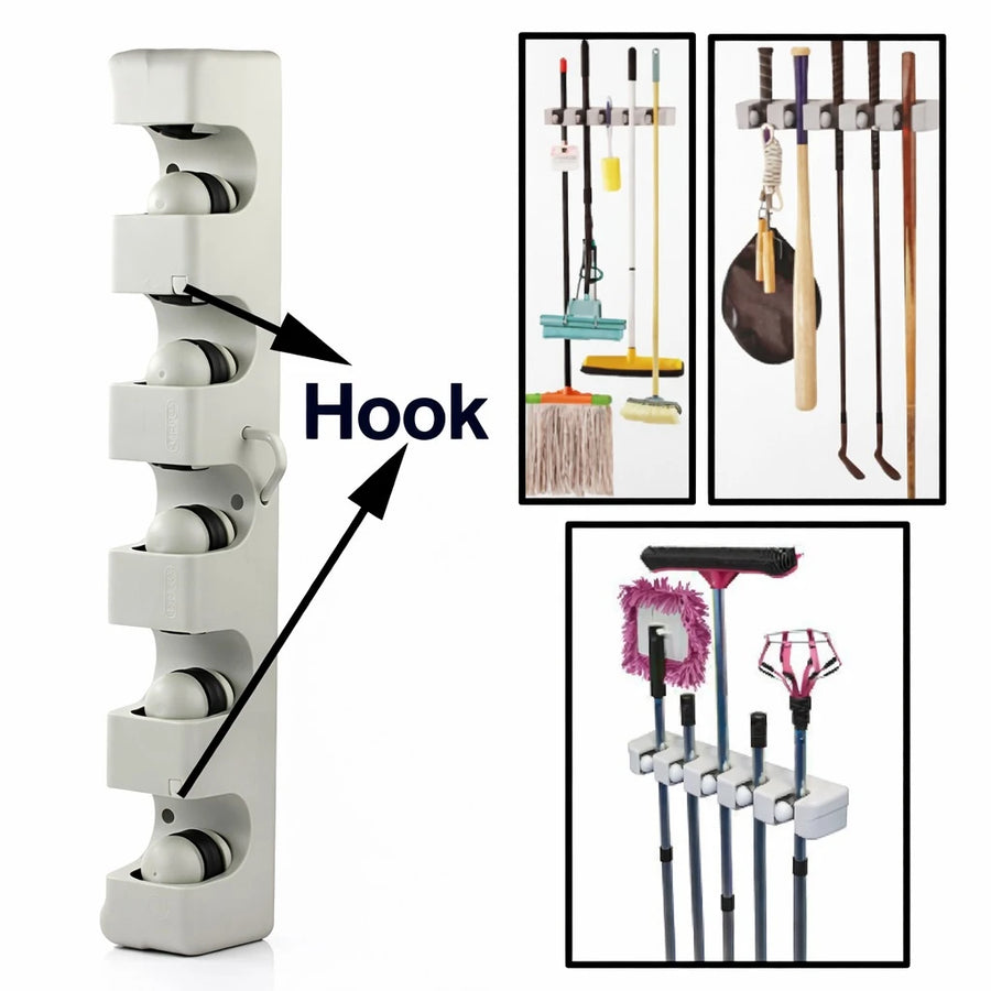 Wall Mounted Mop Broom Holder Organizer With Hooks Heavy Duty Space Saving Cleaning Tools Storage Rack For Home Kitchen Bathroom Garage