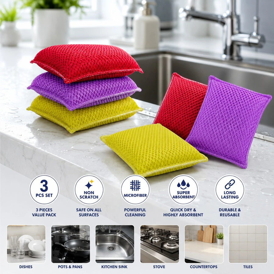 Britex Microfiber Scouring Pad Set Kitchen Cleaning Sponge Scrubber Pads Non Scratch Dishwashing Pads 3 Pieces Made In Europe