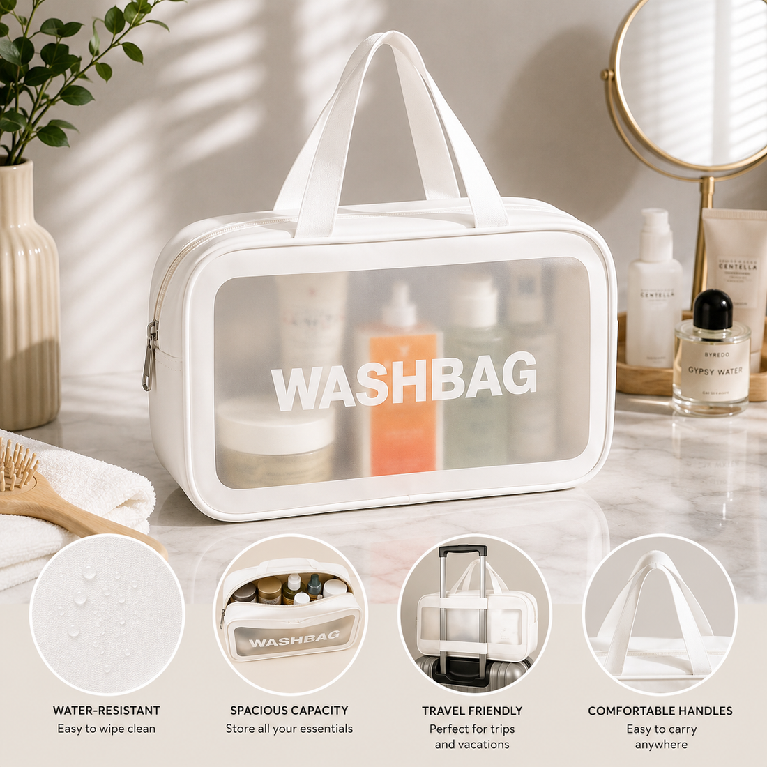 White Large Transparent Washbag Travel Toiletry Cosmetic Makeup Organizer with Handles