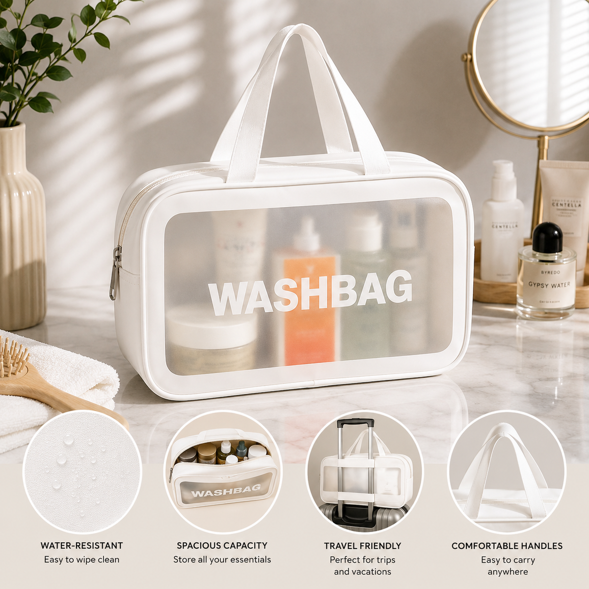 White Large Transparent Washbag Travel Toiletry Cosmetic Makeup Organizer with Handles